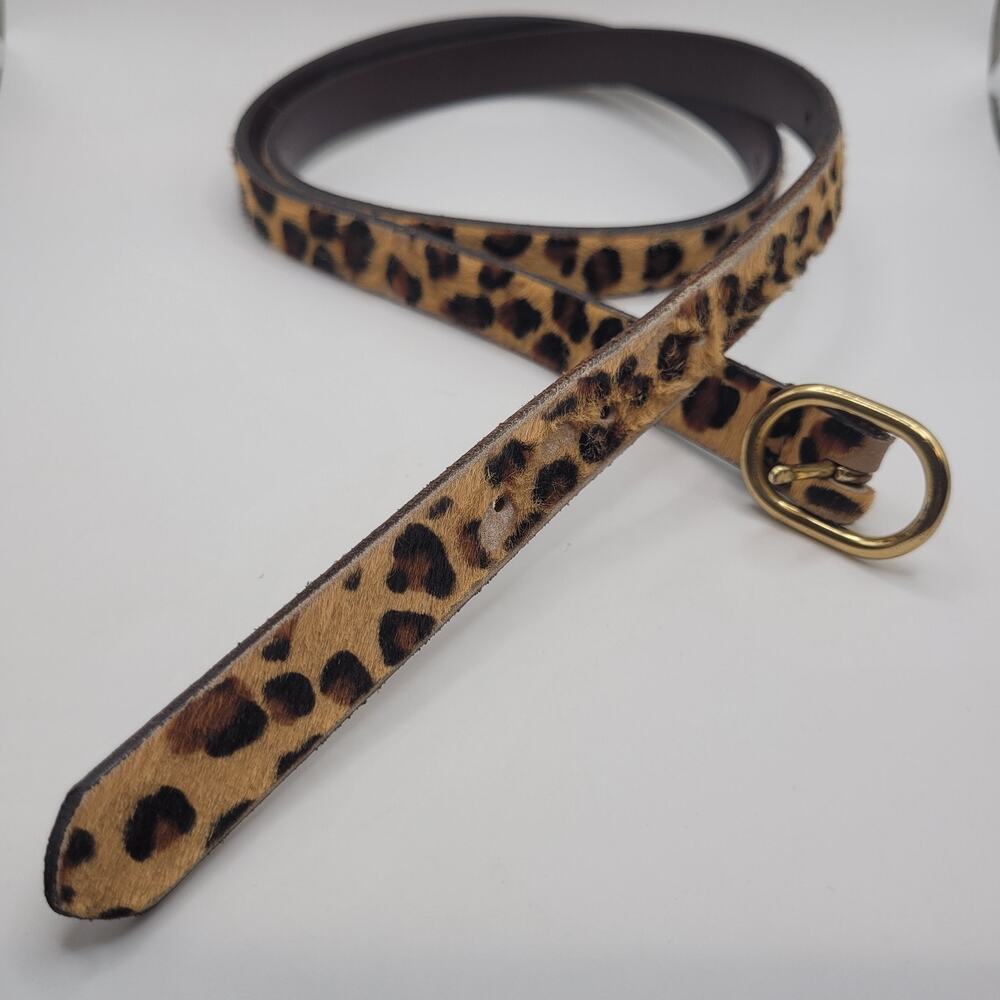 J.CREW Belt Small Brown Leather Leopard Haircalf Animal Print Skinny Gold Buckle